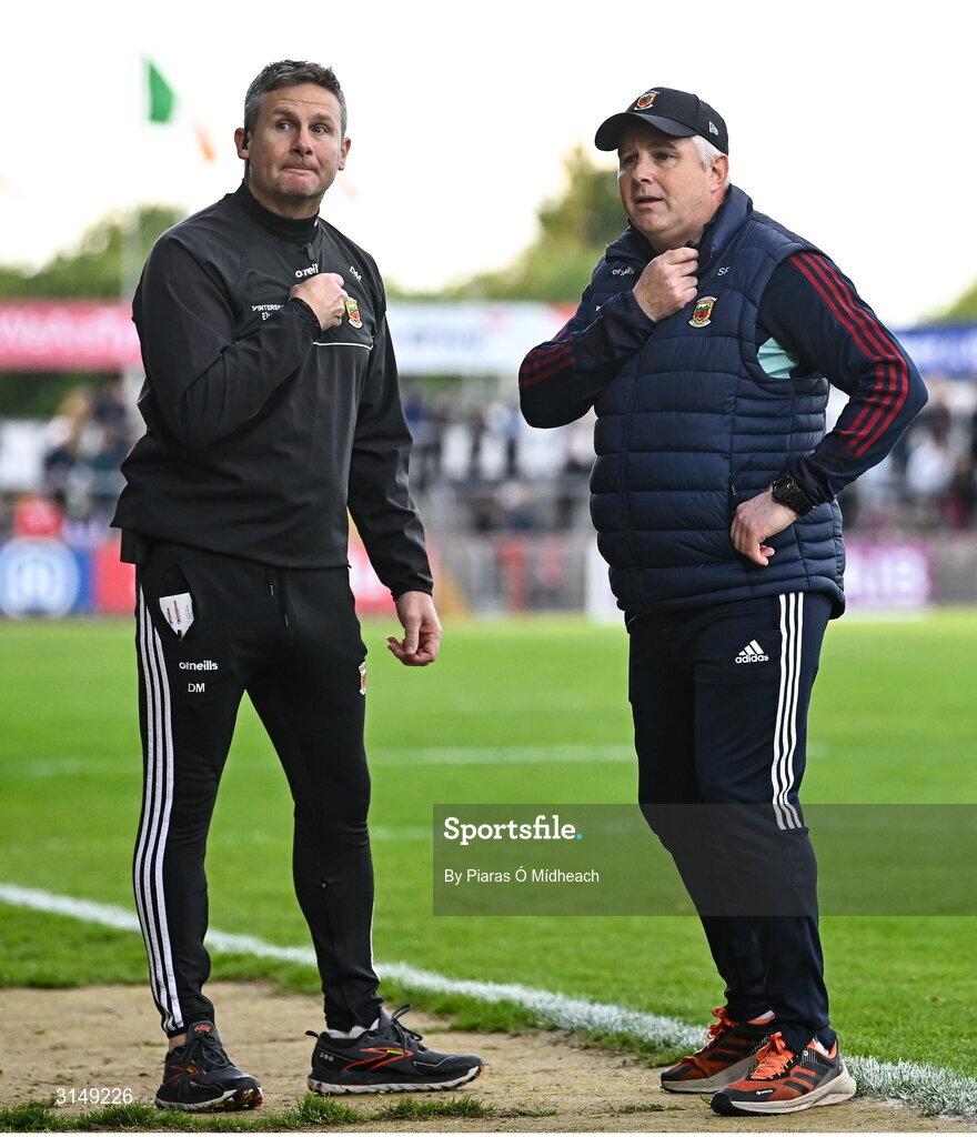 31 May 2025; Acting Mayo manager Stephen Rochford, right, and Mayo selector Damien Mulligan during the GAA Football All-Ireland Senior Championship Round 2 match between Tyrone and Mayo at O'Neills Healy Park in Omagh, Tyrone. Photo by Piaras Ó Mídheach/Sportsfile