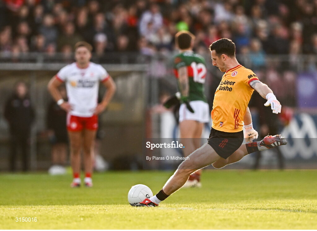 31 May 2025; Tyrone goalkeeper Niall Morgan scores a two-pointer from a free during the GAA Football All-Ireland Senior Championship Round 2 match between Tyrone and Mayo at O'Neills Healy Park in Omagh, Tyrone. Photo by Piaras Ó Mídheach/Sportsfile