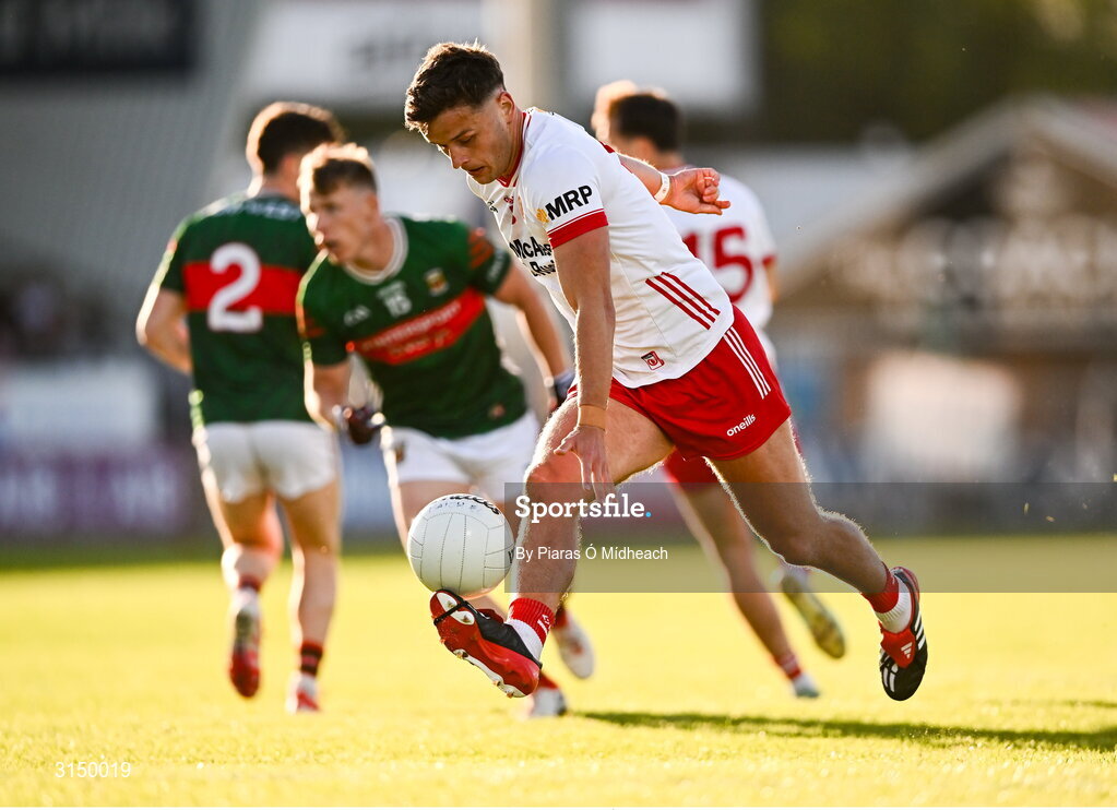 31 May 2025; Michael McKernan of Tyrone during the GAA Football All-Ireland Senior Championship Round 2 match between Tyrone and Mayo at O'Neills Healy Park in Omagh, Tyrone. Photo by Piaras Ó Mídheach/Sportsfile