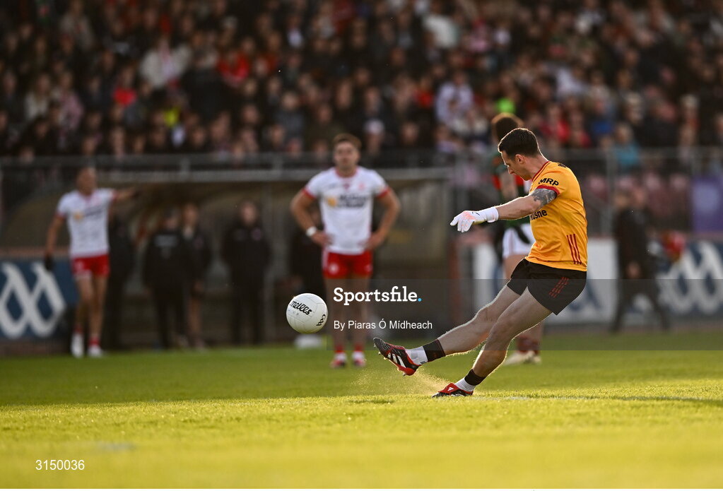 31 May 2025; Tyrone goalkeeper Niall Morgan scores a two-pointer from a free during the GAA Football All-Ireland Senior Championship Round 2 match between Tyrone and Mayo at O'Neills Healy Park in Omagh, Tyrone. Photo by Piaras Ó Mídheach/Sportsfile
