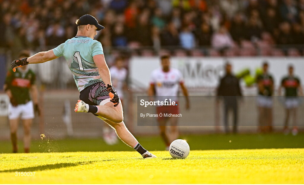 31 May 2025; Mayo goalkeeper Colm Reape takes a kick-out during the GAA Football All-Ireland Senior Championship Round 2 match between Tyrone and Mayo at O'Neills Healy Park in Omagh, Tyrone. Photo by Piaras Ó Mídheach/Sportsfile