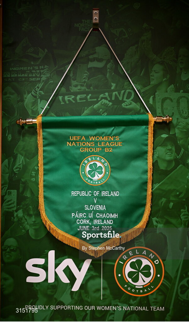 3 June 2025; A general view of the Republic of Ireland match pennant in their dressing room before the UEFA Women's Nations League, League B match between Republic of Ireland and Slovenia at Páirc Uí Chaoimh in Cork. Photo by Stephen McCarthy/Sportsfile