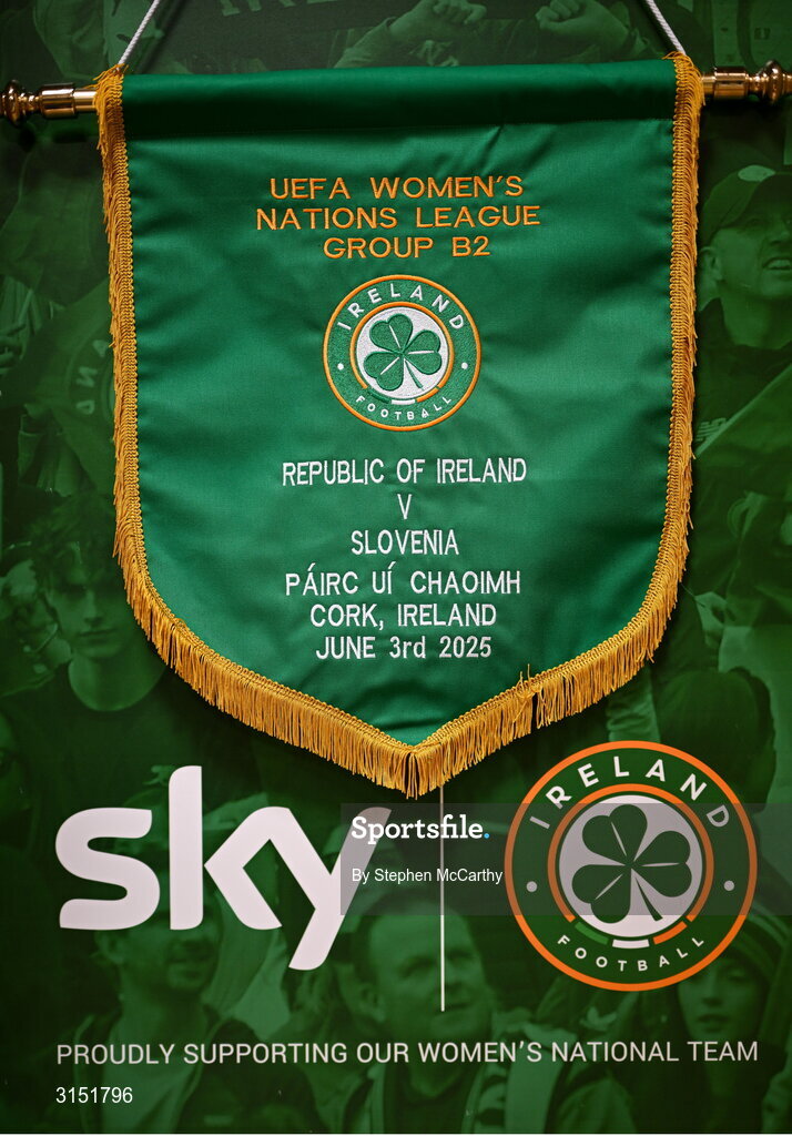3 June 2025; A general view of the Republic of Ireland match pennant in their dressing room before the UEFA Women's Nations League, League B match between Republic of Ireland and Slovenia at Páirc Uí Chaoimh in Cork. Photo by Stephen McCarthy/Sportsfile