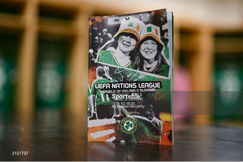 3 June 2025; A general view of the match programme in the Republic of Ireland dressing room before the UEFA Women's Nations League, League B match between Republic of Ireland and Slovenia at Páirc Uí Chaoimh in Cork. Photo by Stephen McCarthy/Sportsfile