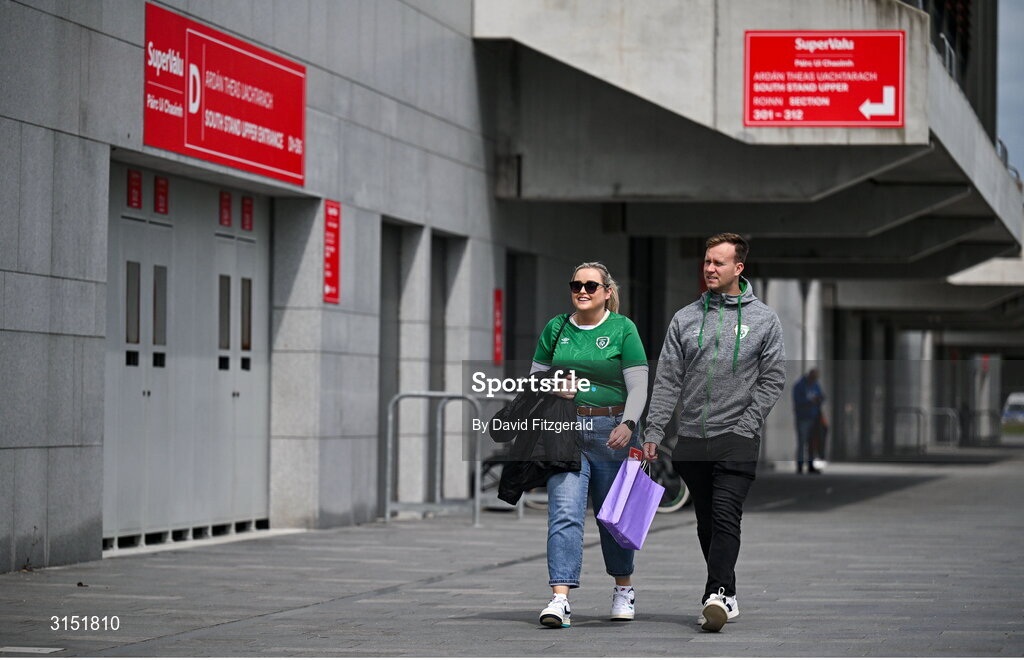 3 June 2025; Republic of Ireland supporters Niamh McCarthy and Colin Delaney, from Dublin, arrive for the UEFA Women's Nations League, League B match between Republic of Ireland and Slovenia at Páirc Uí Chaoimh in Cork. Photo by David Fitzgerald/Sportsfile