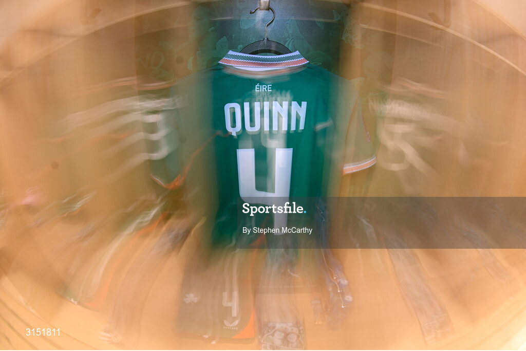 3 June 2025; The jersey of Louise Quinn in the Republic of Ireland dressingroom before the UEFA Women's Nations League, League B match between Republic of Ireland and Slovenia at Páirc Uí Chaoimh in Cork. Photo by Stephen McCarthy/Sportsfile