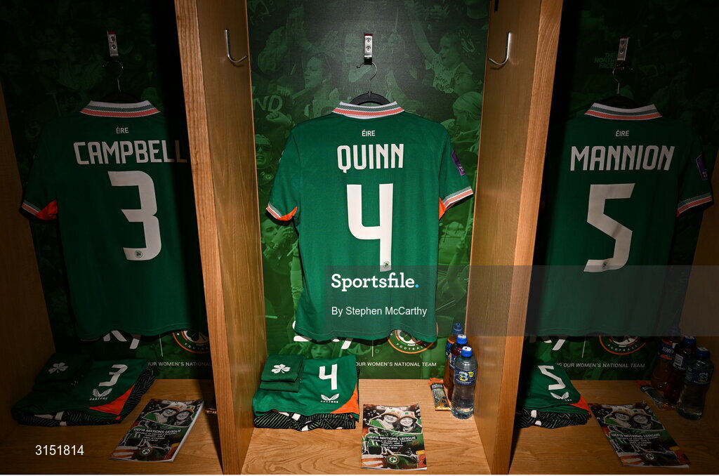 3 June 2025; The jersey of Louise Quinn in the Republic of Ireland dressingroom before the UEFA Women's Nations League, League B match between Republic of Ireland and Slovenia at Páirc Uí Chaoimh in Cork. Photo by Stephen McCarthy/Sportsfile