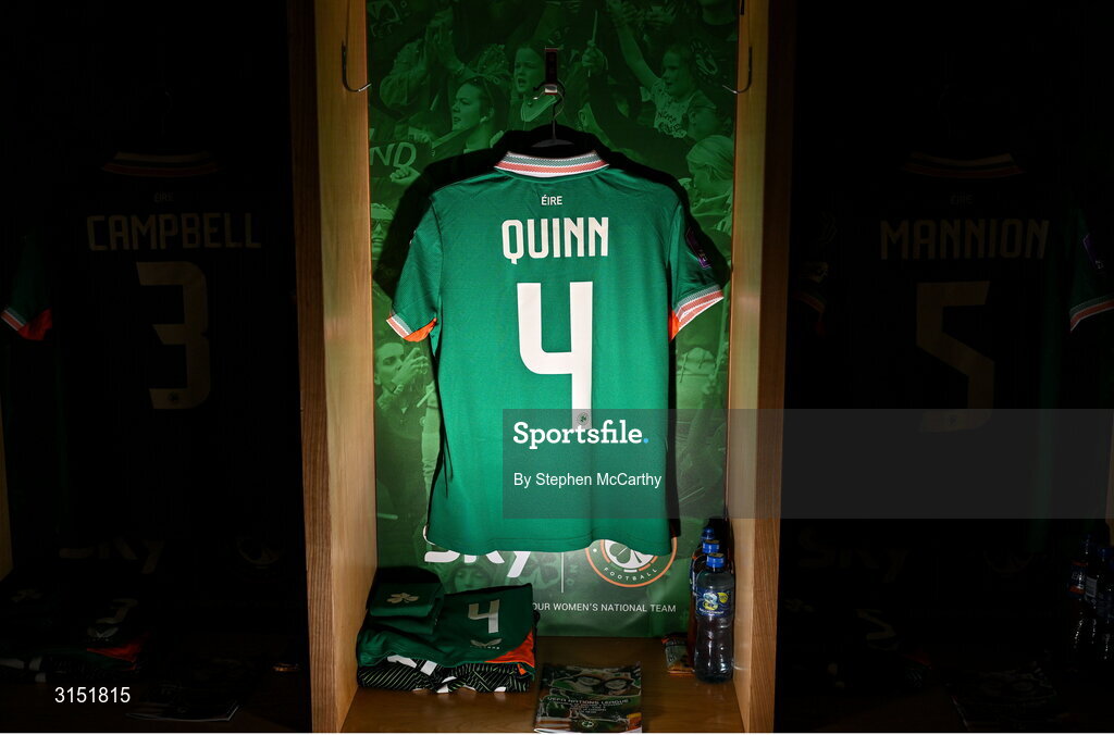 3 June 2025; The jersey of Louise Quinn in the Republic of Ireland dressingroom before the UEFA Women's Nations League, League B match between Republic of Ireland and Slovenia at Páirc Uí Chaoimh in Cork. Photo by Stephen McCarthy/Sportsfile