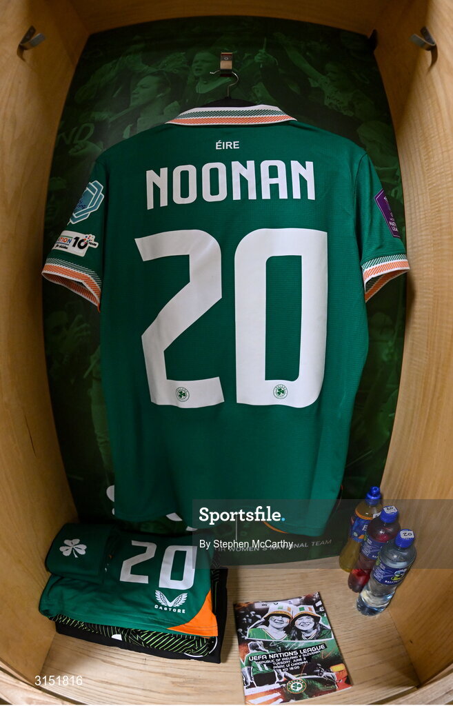 3 June 2025; The jersey of Saoirse Noonan in the Republic of Ireland dressingroom before the UEFA Women's Nations League, League B match between Republic of Ireland and Slovenia at Páirc Uí Chaoimh in Cork. Photo by Stephen McCarthy/Sportsfile