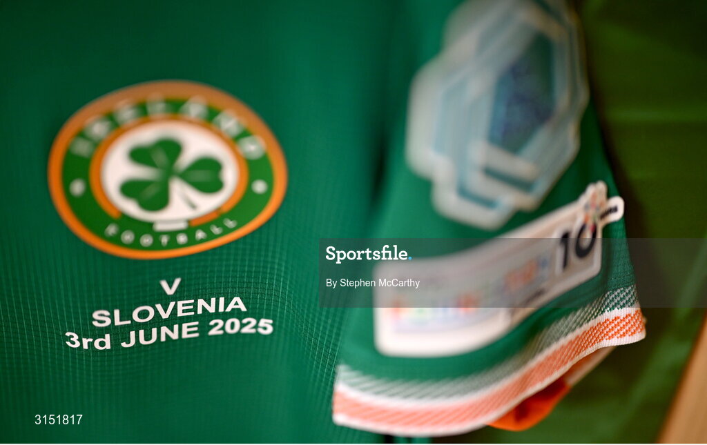 3 June 2025; The jersey of Louise Quinn in the Republic of Ireland dressingroom before the UEFA Women's Nations League, League B match between Republic of Ireland and Slovenia at Páirc Uí Chaoimh in Cork. Photo by Stephen McCarthy/Sportsfile
