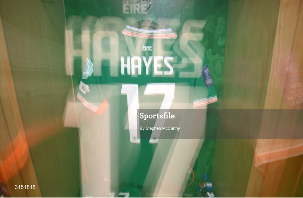 3 June 2025; The jersey of Caitlin Hayes in the Republic of Ireland dressingroom before the UEFA Women's Nations League, League B match between Republic of Ireland and Slovenia at Páirc Uí Chaoimh in Cork. Photo by Stephen McCarthy/Sportsfile