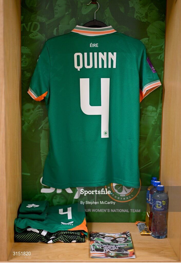 3 June 2025; The jersey of Louise Quinn in the Republic of Ireland dressingroom before the UEFA Women's Nations League, League B match between Republic of Ireland and Slovenia at Páirc Uí Chaoimh in Cork. Photo by Stephen McCarthy/Sportsfile