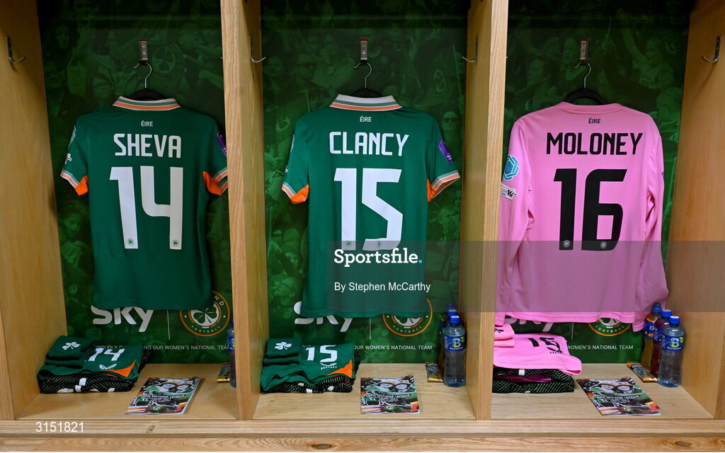 3 June 2025; Jersey of Marissa Sheva, Aoibheann Clancy and Grace Moloney in the Republic of Ireland dressingroom before the UEFA Women's Nations League, League B match between Republic of Ireland and Slovenia at Páirc Uí Chaoimh in Cork. Photo by Stephen McCarthy/Sportsfile