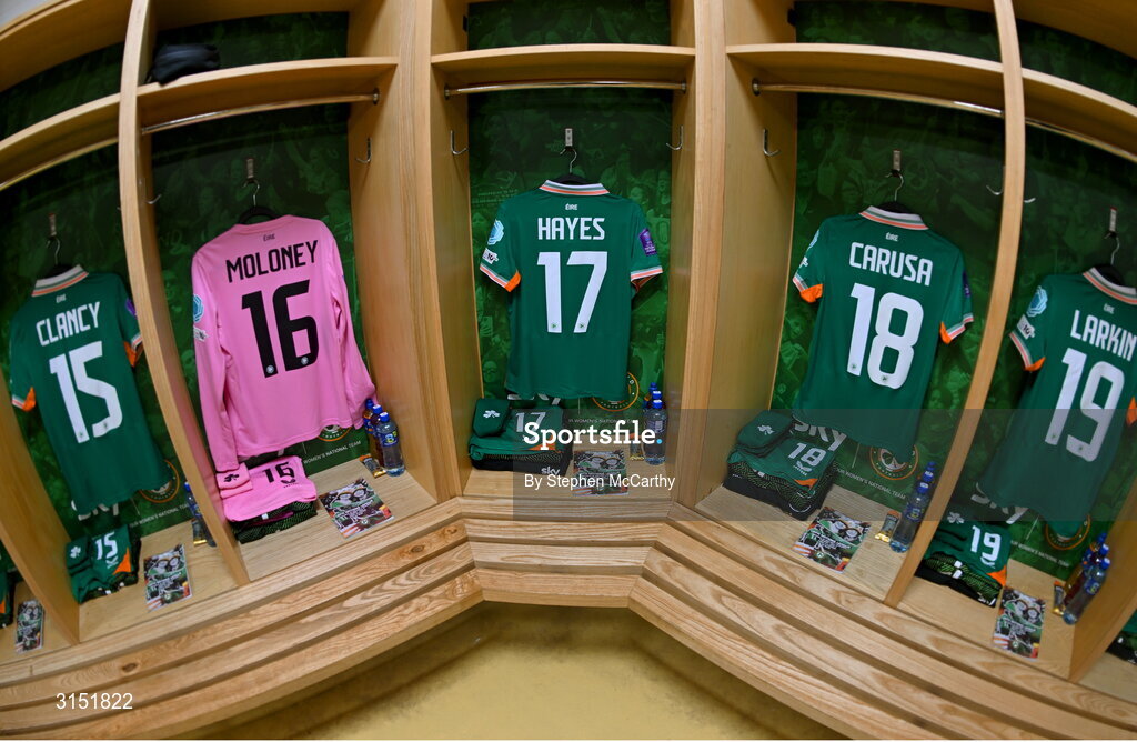 3 June 2025; Jerseys in the Republic of Ireland dressingroom before the UEFA Women's Nations League, League B match between Republic of Ireland and Slovenia at Páirc Uí Chaoimh in Cork. Photo by Stephen McCarthy/Sportsfile