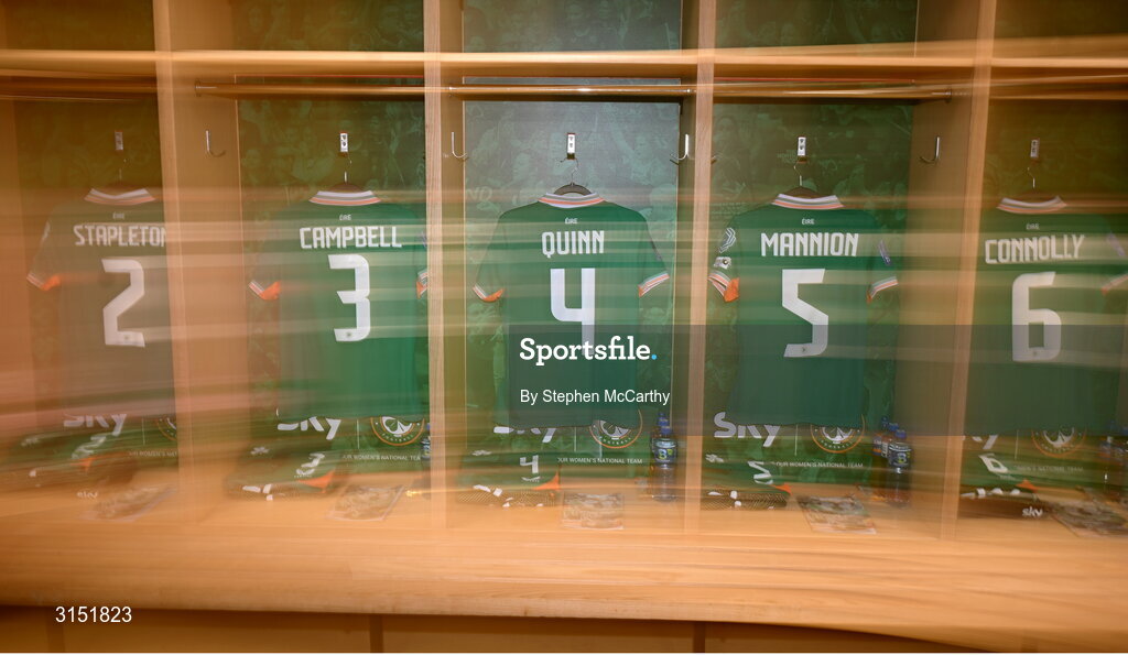3 June 2025; Jerseys in the Republic of Ireland dressingroom before the UEFA Women's Nations League, League B match between Republic of Ireland and Slovenia at Páirc Uí Chaoimh in Cork. Photo by Stephen McCarthy/Sportsfile