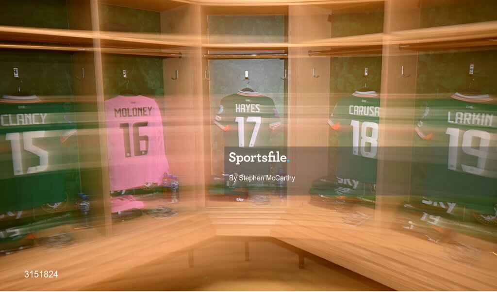 3 June 2025; Jerseys in the Republic of Ireland dressingroom before the UEFA Women's Nations League, League B match between Republic of Ireland and Slovenia at Páirc Uí Chaoimh in Cork. Photo by Stephen McCarthy/Sportsfile