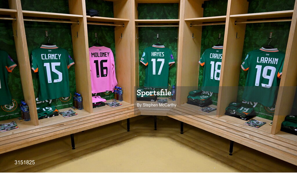3 June 2025; Jerseys in the Republic of Ireland dressingroom before the UEFA Women's Nations League, League B match between Republic of Ireland and Slovenia at Páirc Uí Chaoimh in Cork. Photo by Stephen McCarthy/Sportsfile