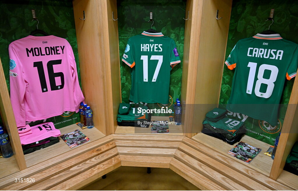 3 June 2025; Jerseys in the Republic of Ireland dressingroom before the UEFA Women's Nations League, League B match between Republic of Ireland and Slovenia at Páirc Uí Chaoimh in Cork. Photo by Stephen McCarthy/Sportsfile
