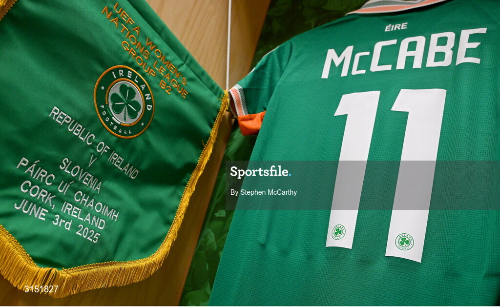 3 June 2025; The jersey of captain Katie McCabe in the Republic of Ireland dressingroom before the UEFA Women's Nations League, League B match between Republic of Ireland and Slovenia at Páirc Uí Chaoimh in Cork. Photo by Stephen McCarthy/Sportsfile