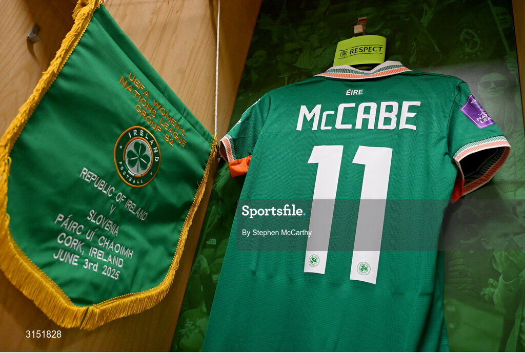 3 June 2025; The jersey of captain Katie McCabe in the Republic of Ireland dressingroom before the UEFA Women's Nations League, League B match between Republic of Ireland and Slovenia at Páirc Uí Chaoimh in Cork. Photo by Stephen McCarthy/Sportsfile