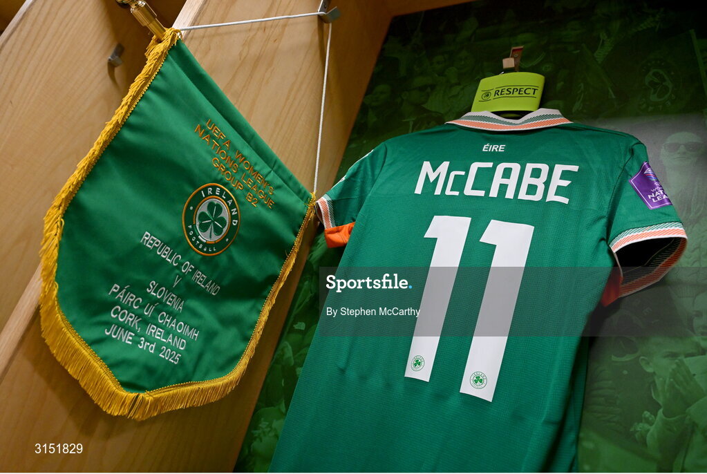3 June 2025; The jersey of captain Katie McCabe in the Republic of Ireland dressingroom before the UEFA Women's Nations League, League B match between Republic of Ireland and Slovenia at Páirc Uí Chaoimh in Cork. Photo by Stephen McCarthy/Sportsfile