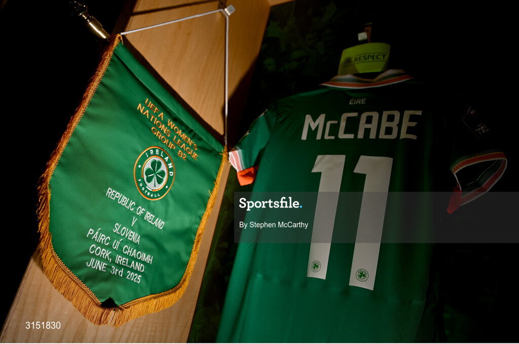 3 June 2025; The jersey of captain Katie McCabe in the Republic of Ireland dressingroom before the UEFA Women's Nations League, League B match between Republic of Ireland and Slovenia at Páirc Uí Chaoimh in Cork. Photo by Stephen McCarthy/Sportsfile