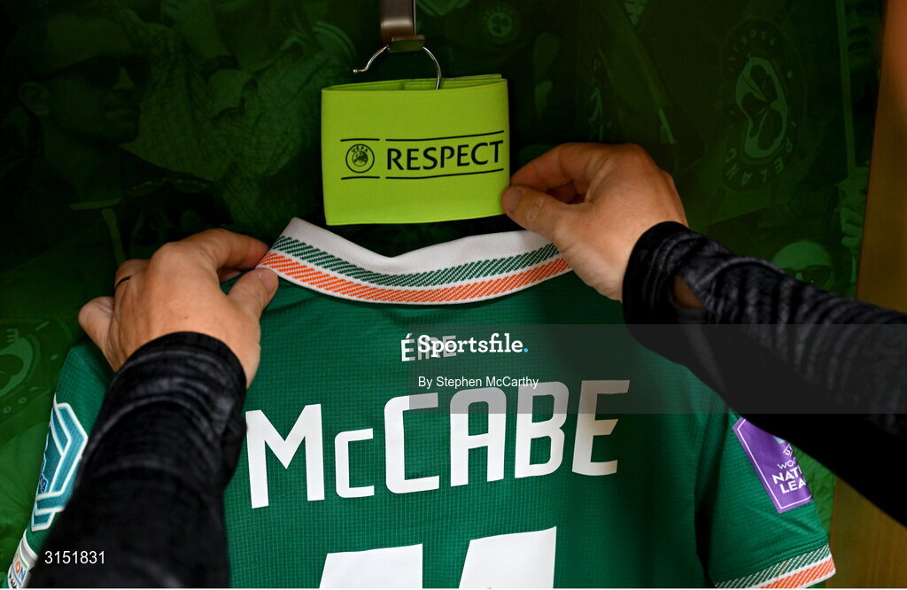 3 June 2025; The jersey of captain Katie McCabe in the Republic of Ireland dressingroom before the UEFA Women's Nations League, League B match between Republic of Ireland and Slovenia at Páirc Uí Chaoimh in Cork. Photo by Stephen McCarthy/Sportsfile