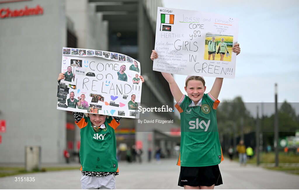 3 June 2025; Republic of Ireland supporters Cara, left, and Eva Keogh, from Bray, Wicklow, before the UEFA Women's Nations League, League B match between Republic of Ireland and Slovenia at Páirc Uí Chaoimh in Cork. Photo by David Fitzgerald/Sportsfile