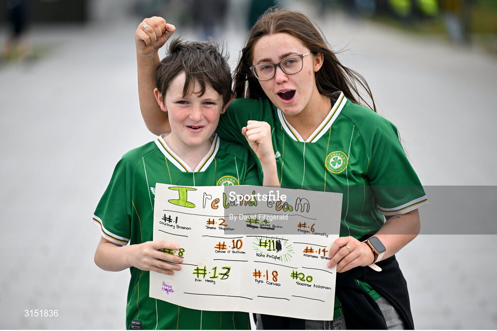 3 June 2025; Republic of Ireland supporters Conor and Lauren Fitzgerald, from Cashel, Tipperary, before the UEFA Women's Nations League, League B match between Republic of Ireland and Slovenia at Páirc Uí Chaoimh in Cork. Photo by David Fitzgerald/Sportsfile