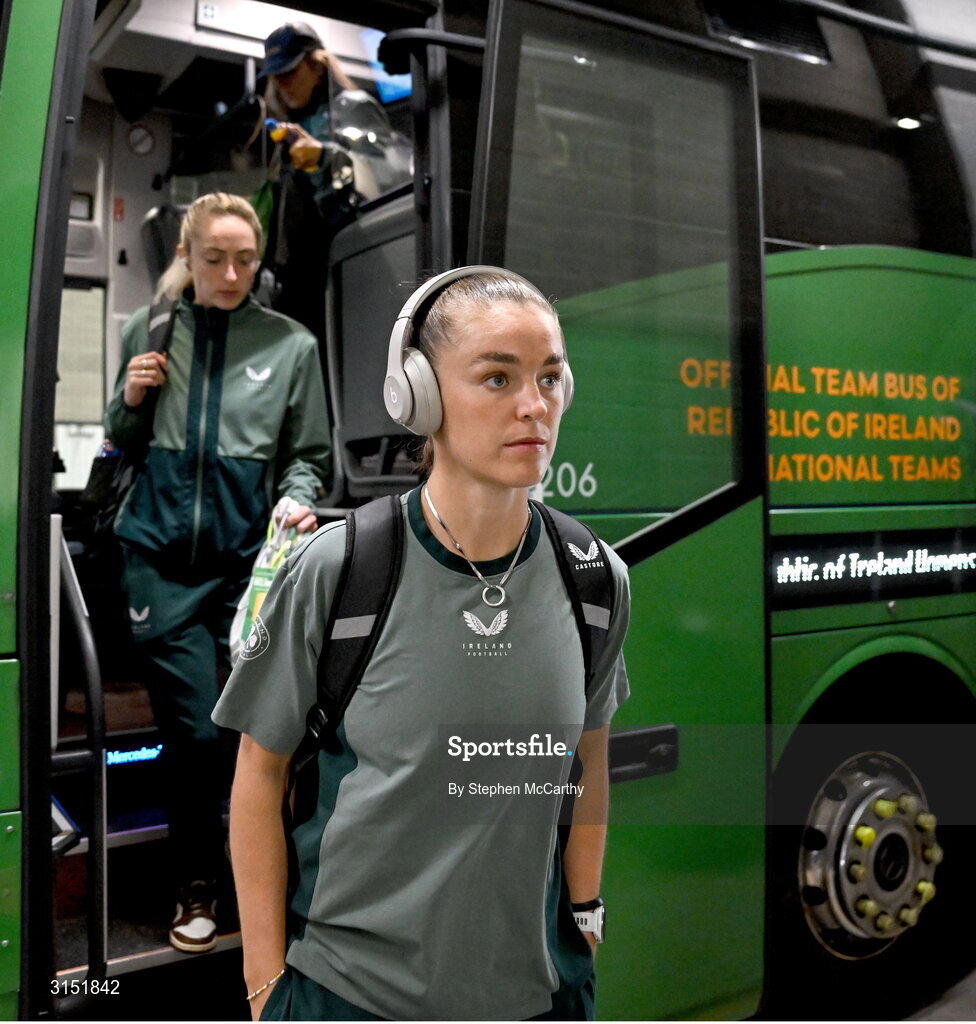 3 June 2025; Caitlin Hayes of Republic of Ireland arrives before the UEFA Women's Nations League, League B match between Republic of Ireland and Slovenia at Páirc Uí Chaoimh in Cork. Photo by Stephen McCarthy/Sportsfile