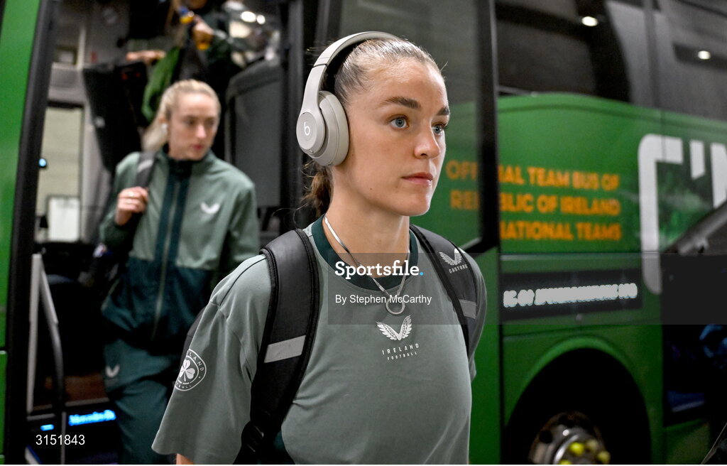 3 June 2025; Caitlin Hayes of Republic of Ireland arrives before the UEFA Women's Nations League, League B match between Republic of Ireland and Slovenia at Páirc Uí Chaoimh in Cork. Photo by Stephen McCarthy/Sportsfile