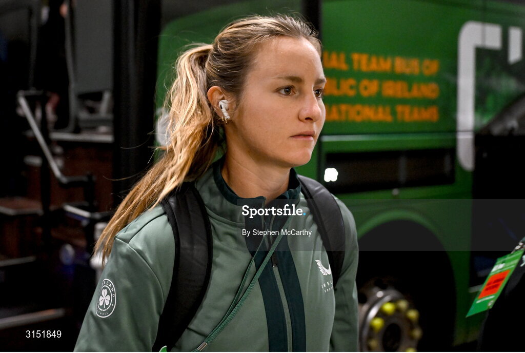 3 June 2025; Kyra Carusa of Republic of Ireland arrives before the UEFA Women's Nations League, League B match between Republic of Ireland and Slovenia at Páirc Uí Chaoimh in Cork. Photo by Stephen McCarthy/Sportsfile