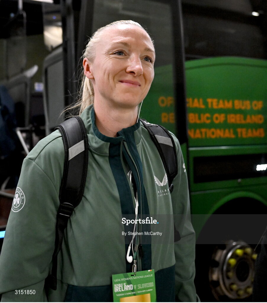 3 June 2025; Louise Quinn of Republic of Ireland arrives before the UEFA Women's Nations League, League B match between Republic of Ireland and Slovenia at Páirc Uí Chaoimh in Cork. Photo by Stephen McCarthy/Sportsfile