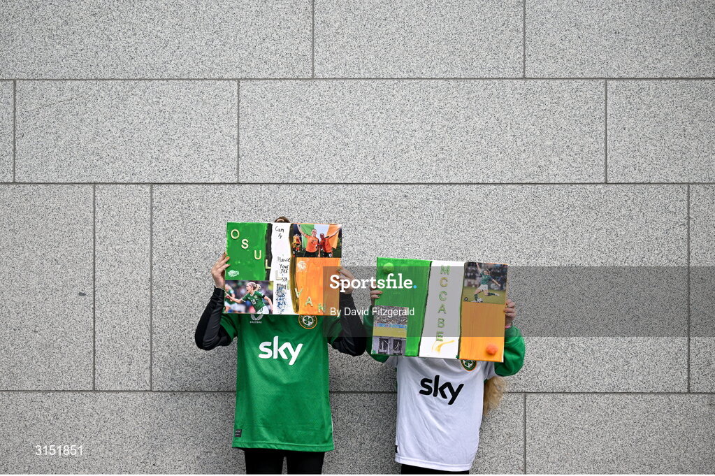 3 June 2025; Republic of Ireland supporters Mia Carroll, age 9, left, and Kaci Carroll, age 4, from Mahon in Cork, before the UEFA Women's Nations League, League B match between Republic of Ireland and Slovenia at Páirc Uí Chaoimh in Cork. Photo by David Fitzgerald/Sportsfile