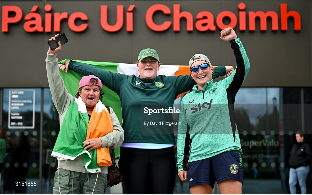 3 June 2025; Republic of Ireland supporters, from left, Claire Kelliher-Murphy, Sara Farrell and Avril Mara, from Carlow and Cork, before the UEFA Women's Nations League, League B match between Republic of Ireland and Slovenia at Páirc Uí Chaoimh in Cork. Photo by David Fitzgerald/Sportsfile