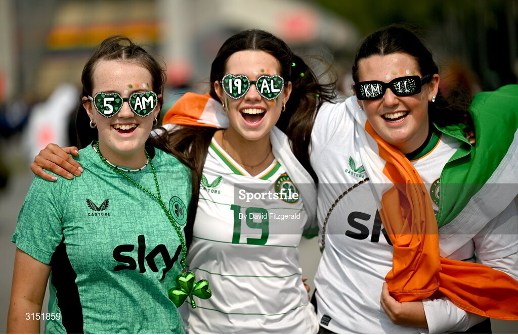3 June 2025; Republic of Ireland supporters, from left, Aideen Murphy, Caoimhe Warner and Leah Buttimer, from West Cork, before the UEFA Women's Nations League, League B match between Republic of Ireland and Slovenia at Páirc Uí Chaoimh in Cork. Photo by David Fitzgerald/Sportsfile