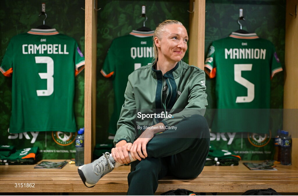 3 June 2025; Republic of Ireland international Louise Quinn in the dressingroom on the occasion of her last international game before the UEFA Women's Nations League, League B match between Republic of Ireland and Slovenia at Páirc Uí Chaoimh in Cork.