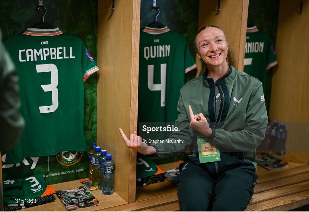 3 June 2025; Republic of Ireland international Louise Quinn in the dressingroom on the occasion of her last international game before the UEFA Women's Nations League, League B match between Republic of Ireland and Slovenia at Páirc Uí Chaoimh in Cork.