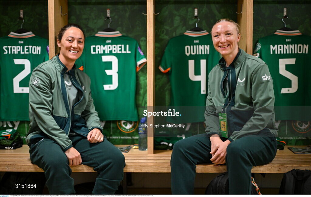 3 June 2025; Republic of Ireland international Louise Quinn, right, with teammate Megan Campbell, in the dressingroom on the occasion of her last international game before the UEFA Women's Nations League, League B match between Republic of Ireland and Slovenia at Páirc Uí Chaoimh in Cork.