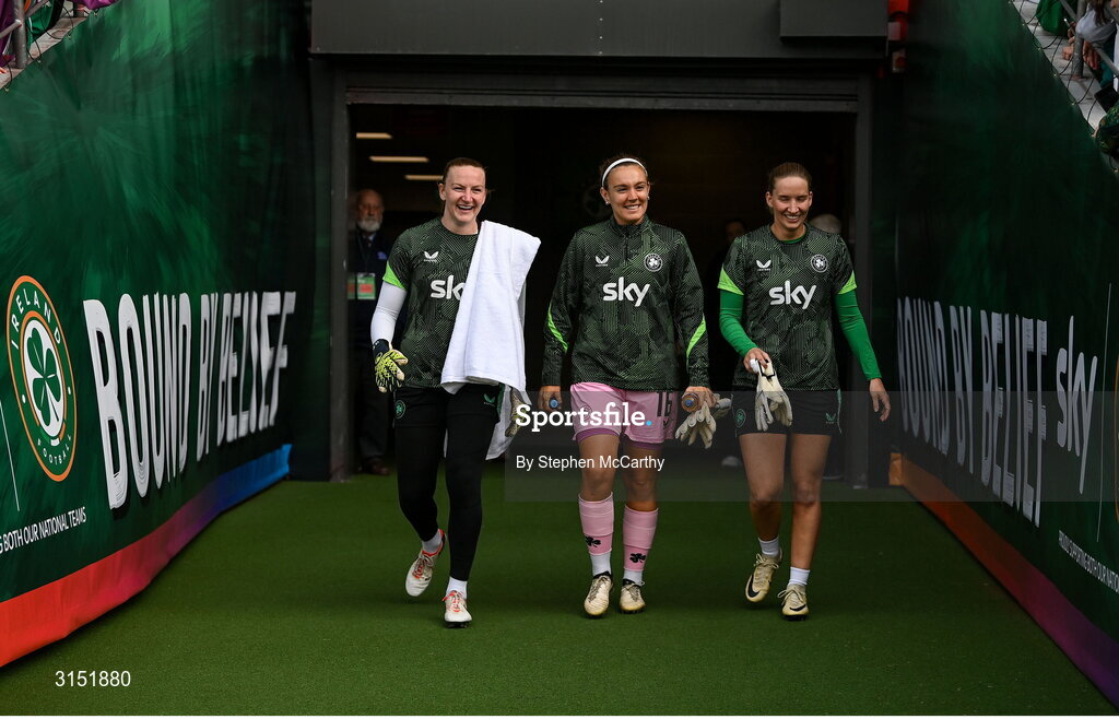 3 June 2025; Republic of ireland goalkeepers, from left, Courtney Brosnan, Grace Moloney and Sophie Whitehouse before the UEFA Women's Nations League, League B match between Republic of Ireland and Slovenia at Páirc Uí Chaoimh in Cork. Photo by Stephen McCarthy/Sportsfile
