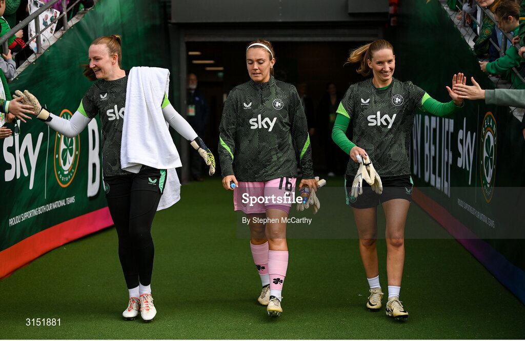 3 June 2025; Republic of ireland goalkeepers, from left, Courtney Brosnan, Grace Moloney and Sophie Whitehouse before the UEFA Women's Nations League, League B match between Republic of Ireland and Slovenia at Páirc Uí Chaoimh in Cork. Photo by Stephen McCarthy/Sportsfile
