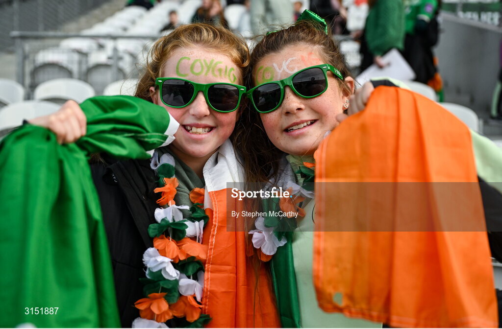3 June 2025; Republic of Ireland supporters Rose Kavanagh, left, and Grace Donegan before the UEFA Women's Nations League, League B match between Republic of Ireland and Slovenia at Páirc Uí Chaoimh in Cork. Photo by Stephen McCarthy/Sportsfile