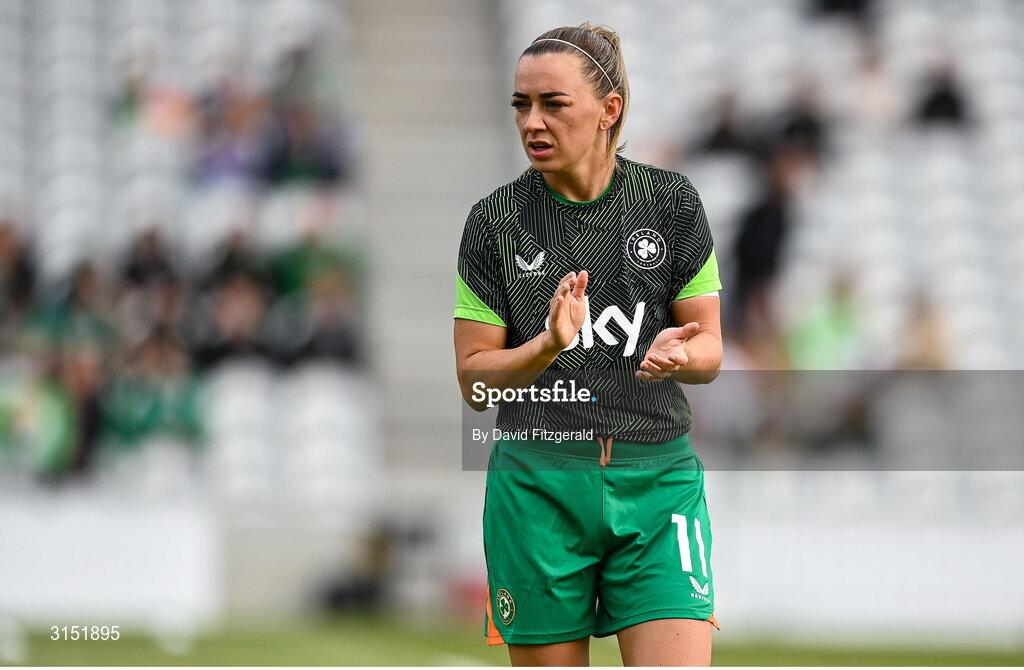 3 June 2025; Republic of Ireland captain Katie McCabe warms up before the UEFA Women's Nations League, League B match between Republic of Ireland and Slovenia at Páirc Uí Chaoimh in Cork. Photo by David Fitzgerald/Sportsfile