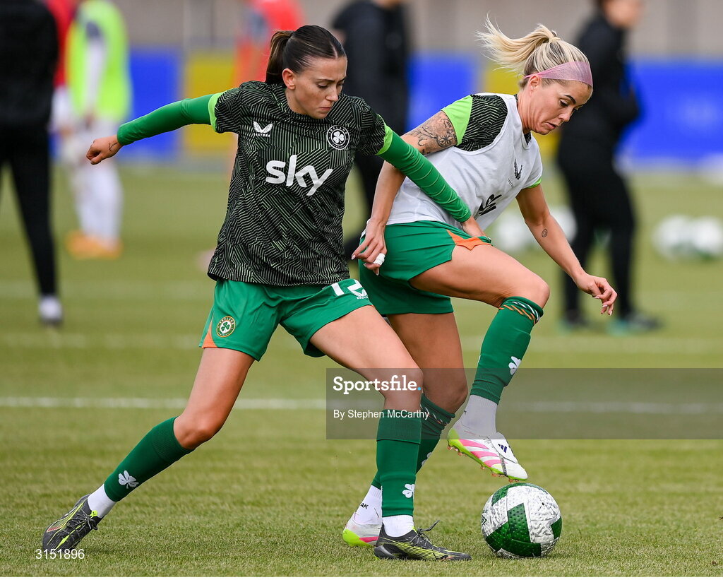 3 June 2025; Denise O'Sullivan, right, and Abbie Larkin of Republic of Ireland warm up before the UEFA Women's Nations League, League B match between Republic of Ireland and Slovenia at Páirc Uí Chaoimh in Cork. Photo by Stephen McCarthy/Sportsfile