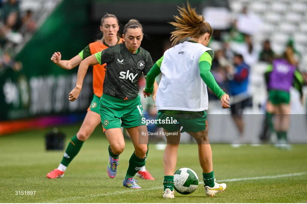 3 June 2025; Republic of Ireland captain Katie McCabe warms up before the UEFA Women's Nations League, League B match between Republic of Ireland and Slovenia at Páirc Uí Chaoimh in Cork. Photo by David Fitzgerald/Sportsfile
