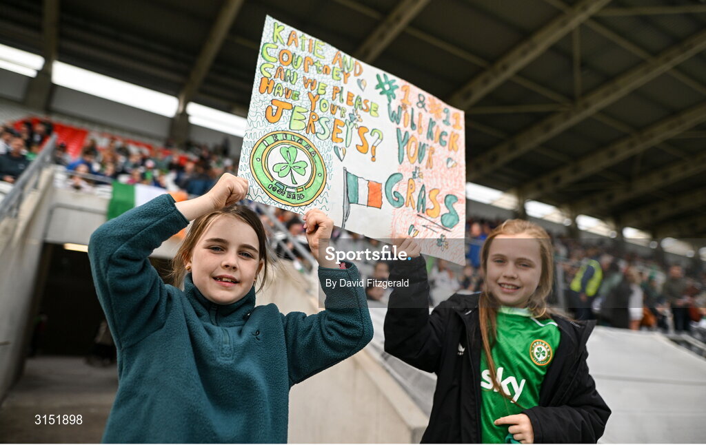 3 June 2025; Republic of Ireland supporters Zara and Emma Kennedy, from Kerry, before the UEFA Women's Nations League, League B match between Republic of Ireland and Slovenia at Páirc Uí Chaoimh in Cork. Photo by David Fitzgerald/Sportsfile