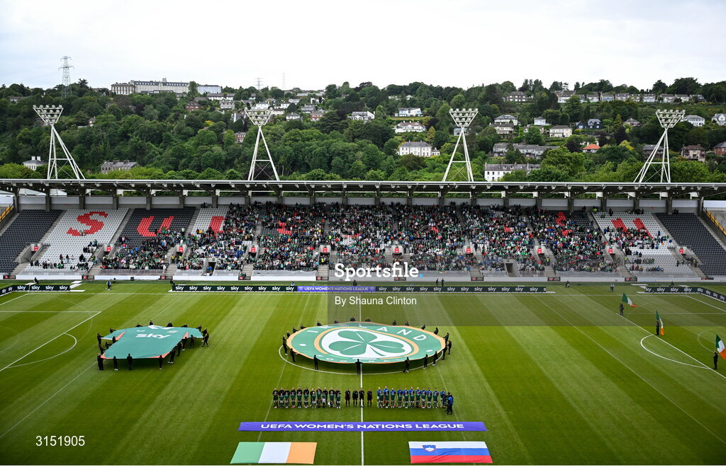 3 June 2025; The teams stand for the national anthems before the UEFA Women's Nations League, League B match between Republic of Ireland and Slovenia at Páirc Uí Chaoimh in Cork. Photo by Shauna Clinton/Sportsfile