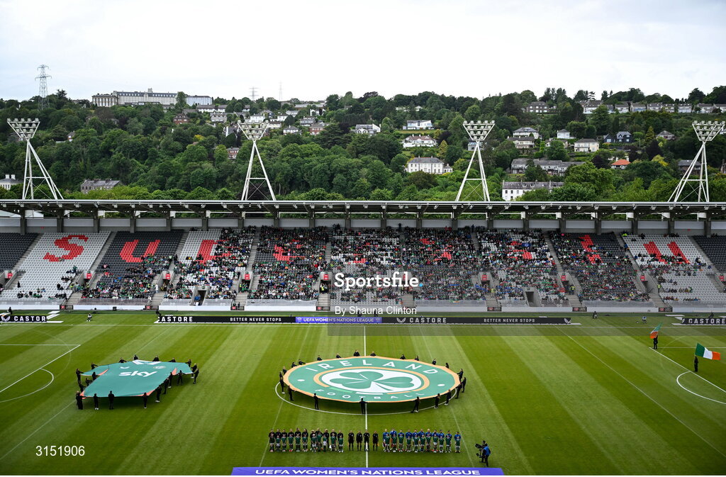 3 June 2025; The teams stand for the national anthems before the UEFA Women's Nations League, League B match between Republic of Ireland and Slovenia at Páirc Uí Chaoimh in Cork. Photo by Shauna Clinton/Sportsfile