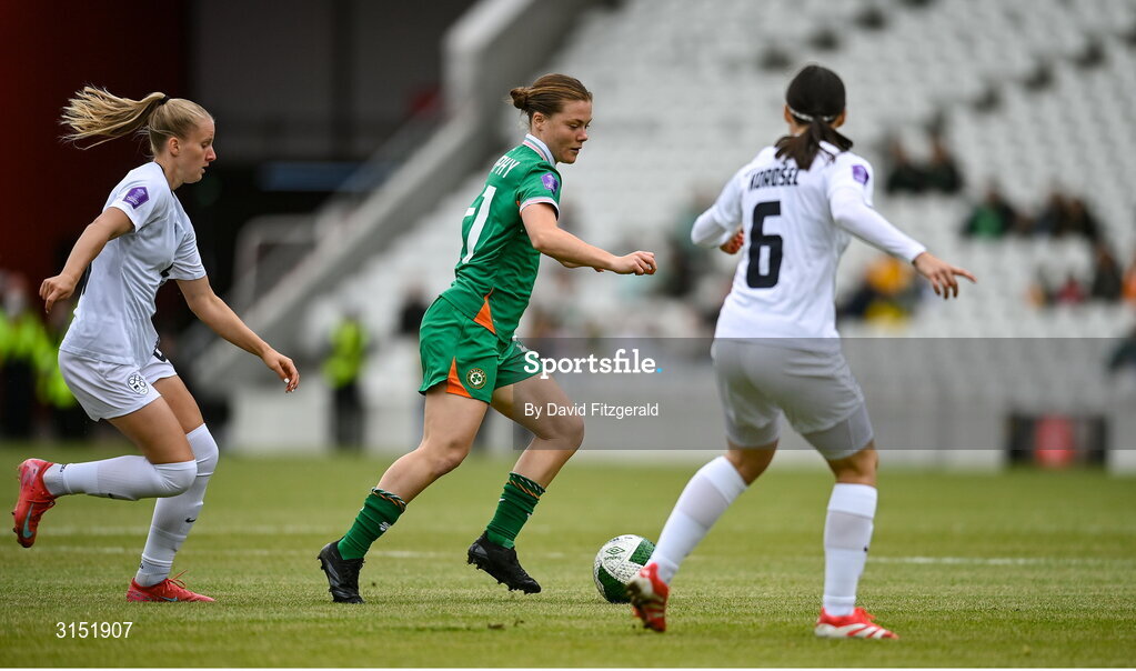 3 June 2025; Emily Murphy of Republic of Ireland in action against Kaja Korošec of Slovenia during the UEFA Women's Nations League, League B match between Republic of Ireland and Slovenia at Páirc Uí Chaoimh in Cork. Photo by David Fitzgerald/Sportsfile
