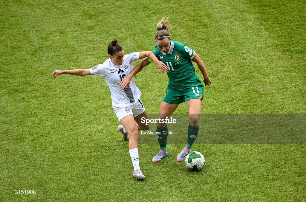 3 June 2025; Katie McCabe of Republic of Ireland in action against Sara Makovec of Slovenia during the UEFA Women's Nations League, League B match between Republic of Ireland and Slovenia at Páirc Uí Chaoimh in Cork. Photo by Shauna Clinton/Sportsfile